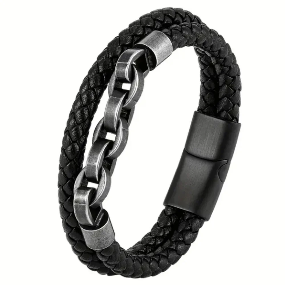 Black Braided Leather Bracelet Antique Silver Accents